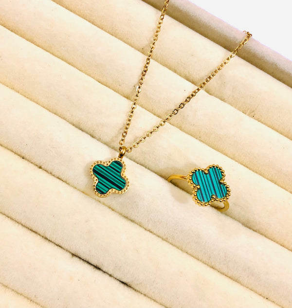 Green Clover Pendant and Ring Set