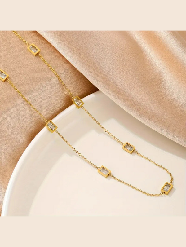 Stainless Steel Square Stone Chain Necklace