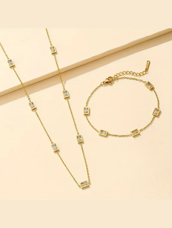 Stainless Steel Square Stone Chain Necklace and Bracelet Set